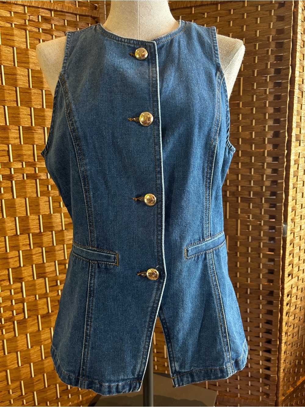 Sincerly Jules Denim Sleeveless Vest with Gold Buttons - Blue